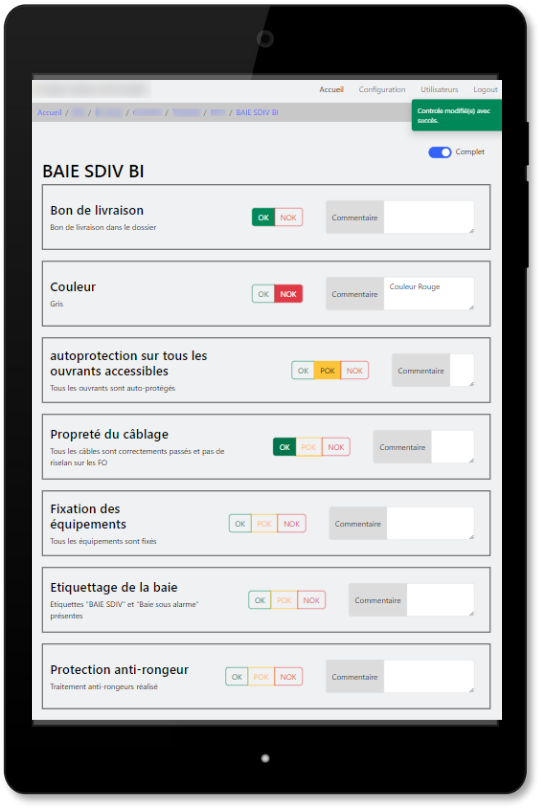 Application d'enregistrement de contrôle sur tablette.